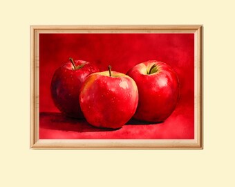 May include: A framed painting of three red apples with a glossy finish, set against a deep red backdrop. The artwork is presented within a light-toned wooden frame, typical of still life compositions.