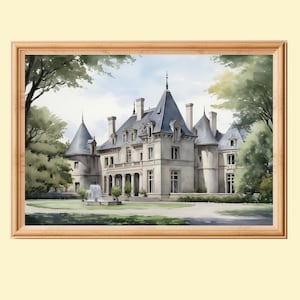 Impressionist Painting Of French Chateau, European Architecture Printable Wall Art, French Castle Print, Instant Digital Download