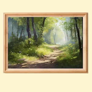 Op de afbeelding: Een schilderij van een bospaadje met zonlicht dat door de bomen schijnt. Het pad is omzoomd met groen gras en bomen, en het licht creëert een gevoel van diepte en mysterie.
