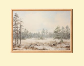 Vintage Winter Forest Landscape Painting: Rustic Holiday Wall Art (Digital Download)