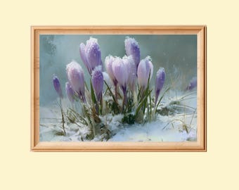 Blooming Pale Purple Crocus Flowers In Snow Painting: Winter Flower Wall Art (Digital Download)