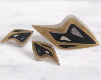 TAXCO sterling silver inlaid mixed metal Mexican modernist brooch + earrings set pin screwback