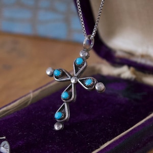 Turquoise + coral sterling silver cross pendant necklace vintage Navajo needlepoint native jewelry double sided