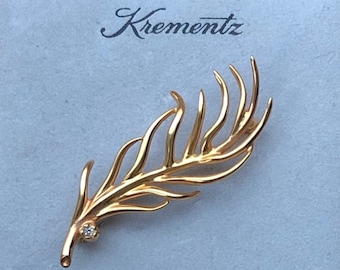 KREMENTZ diamond sea fan brooch vintage gold leaf feather branch pin jewelry