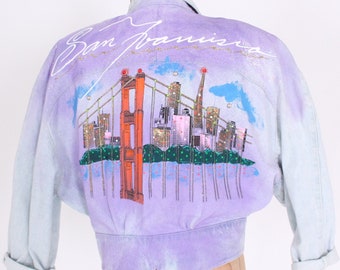 hand painted San Francisco jean jacket light blue denim glitter paint airbrush vintage 1980s 1990s studded coat size M