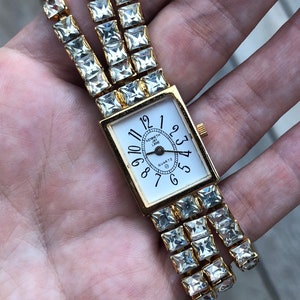Kenneth Jay Lane rhinestone watch vintage KJL designer costume jewelry crystal square cut jewel bracelet