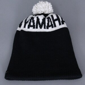 vintage 1980s YAMAHA snowmobile hat snowboarding ski knit winter beanie pom pom black white image 1