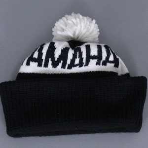 vintage 1980s YAMAHA snowmobile hat snowboarding ski knit winter beanie pom pom black white image 2