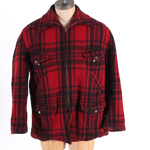 vintage lumberjack 1950s wool chore jacket black + red buffalo plaid zippered farm hunting mens coat Large