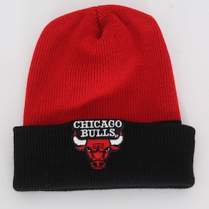 Vintage 1990er Chicago Bulls rot + schwarz Gestrickt Hut Falte über Winter Beanie Michael Jordan Rodelschlitten made in USA