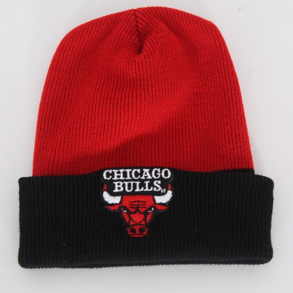 vintage des années 1990 Chicago Bulls rouge + noir tricot chapeau plient sur le bonnet d’hiver Michael Jordan toboggan fabriqué aux États-Unis