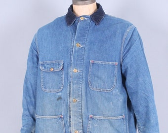 vintage Sears Workwear  denim jean jacket  barn chore field coat blue corduroy collar country farm size L 44