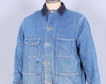 vintage Sears Workwear denim jean jacket barn chore field coat blue corduroy collar country farm size L 44