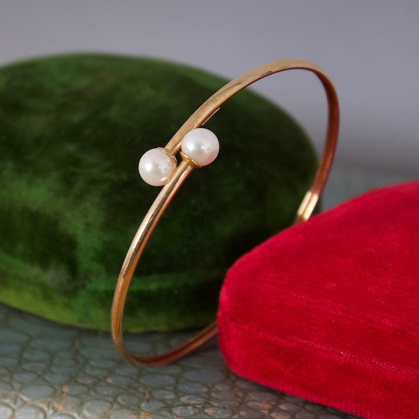 14k Gold + pearl bangle 1950s 1960s vintage mikimoto era jewelry classic thin delicate cuff bypass bracelet everyday signature jewelry