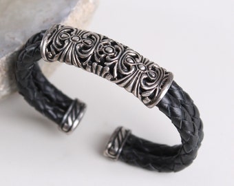Armband i sterlingsilver + svart läder, John Esposito, hantverksmässigt unisex, modernistisk design, vintage 925, moderna smycken