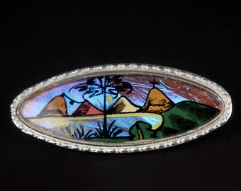 hand painted Morphos Butterfly Wing brooch silver oval pin 1930s 1940s antique art deco vintage jewelry