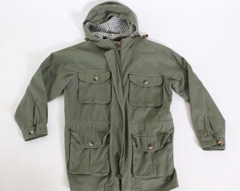 Vintage Army Green Canvas Jacket Duck Barn Chore Field Coat with Plaid Hood Brown Corduroy Collar Country Farm Estate Medium