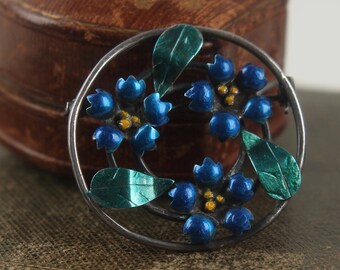 1930s sterling enamel Forget Me Not brooch antique fleur pin art deco vintage silver flower jewelry