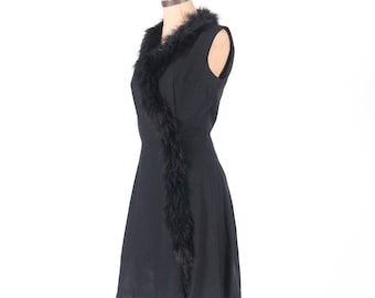 Marabou cocktail dress black silk crepe vintage 1950s 1960s hourglass pin up evening gown size small