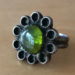 vintage modernist peridot silver ring olivine + heavy brutalist sterling scandinavian artisan jewelry