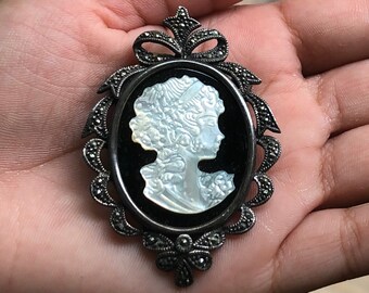 Sterling cameo brooch carved MOP onyx Victorian lady portrait pendant pin silver mother of pearl