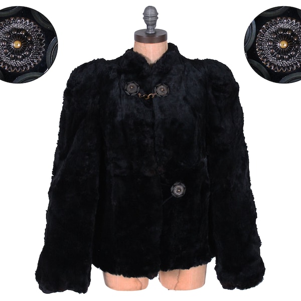 antique black fur coat 1930s film noir gothic carved bakelite puffed shoulder 1940s jacket