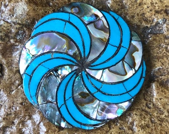 Taxco Silver brooch turquoise + abalone inlaid pinwheel sterling pin pendant 1940s