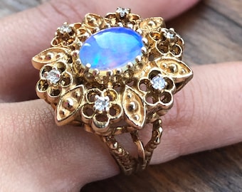 Australian Black Opal Ring heavy 14k gold + diamond vintage custom made cocktail statement jewelry