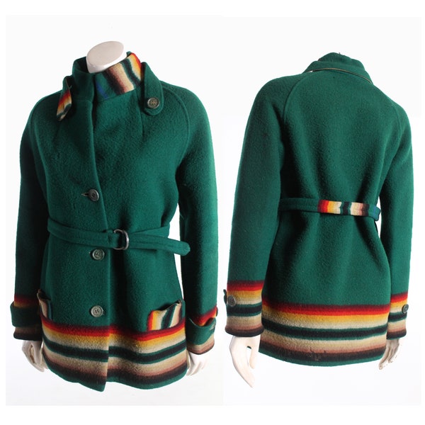 early 1900s PENDLETON wool trade blanket coat green stripe western camp jacket
