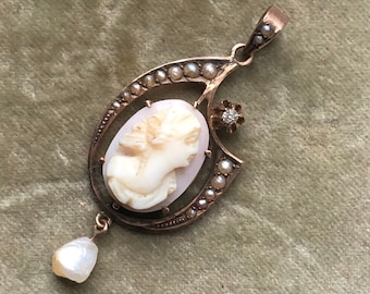 antique diamond 10k gold cameo seed pearl lavalier hand carved lady pendant victorian gift