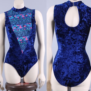 vintage 90s velvet bodysuit one piece blue + neon pink leotard dance athletic 1980s size XS SM