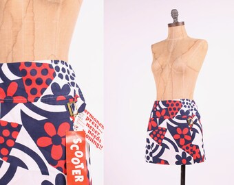 vintage 1960s mini skirt red white blue flower power vespa scooter girl NOS w/tags XS/SM
