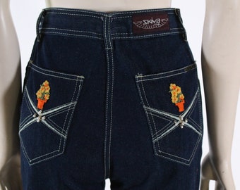 vintage high waist jeans SKIVA embroidered pocket indigo denim pants 1980s S new/old stock 26W