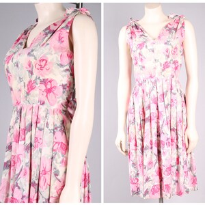 vintage 1950s vestido rosa impresión algodón ajustado flor fiesta sol vestido de pajarita tamaño pequeña boda