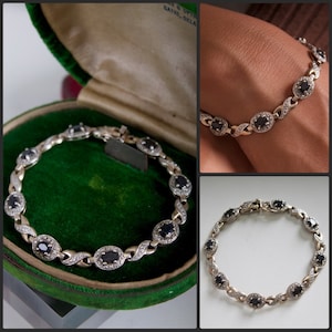 Sapphire + Diamond Sterling Silver Bracelet vintage oval link antique art deco style