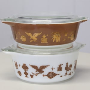 Vintage Pyrex Americana white brown gold Early American Oval Casserole with Lids 2pc Set