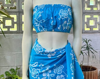 Abito vintage anni '50/'60 color acquamarina hawaiano con stampa floreale, pareo convertibile, bikini con scollo all'americana, set di 2 pezzi, stile tiki pin up luau, crociera, spiaggia, taglia SM/MED