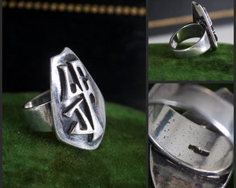 Vintage Silver Signet Ring LJF monogram initial shield statement sterling band size 5 1960s mid century modern jewelry 925