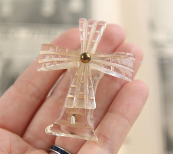 vintage 1930s carved lucite windmill pin mechanic… - image 4