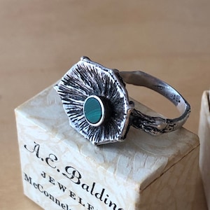 brutalist silver ring green malachite + sterling 1960s modernist vintage mid century modern israel jewelry