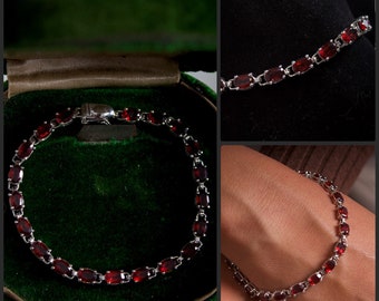 Garnet + Sterling Silver bracelet oval blood red gemstone tennis link classic vintage antique style January birthstone