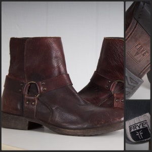 FRYE Boots cognac brown leather harness vintage distressed zippered ankle cowboy western footwear shoes Size 9 1/2D Men