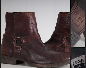 FRYE Boots cognac brown leather harness vintage distressed zippered ankle cowboy western footwear shoes Size 9 1/2D Men