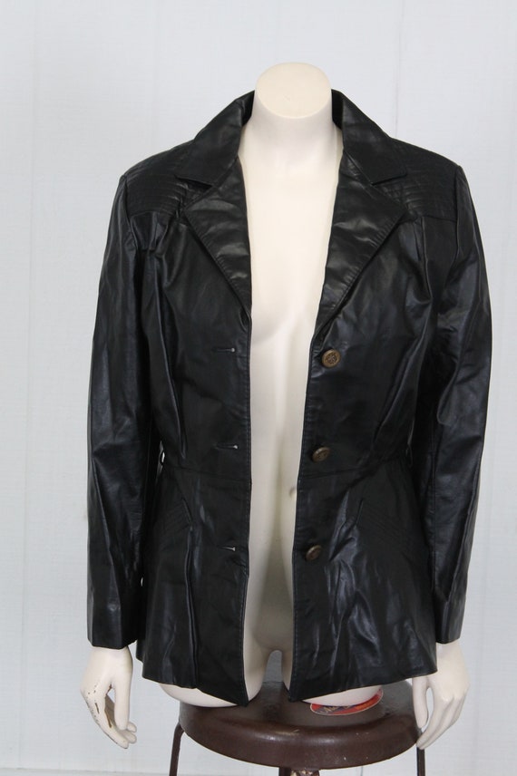 vintage leather spy coat black fitted jacket bras… - image 5