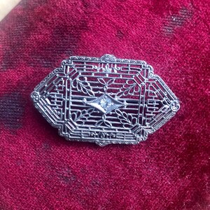 Antique sterling filigree gemstone brooch Art Deco era silver pin circa 1920