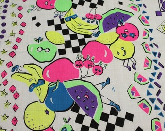 vintage 1980s NEON anthromorphic fruit printed fabric cotton cloth