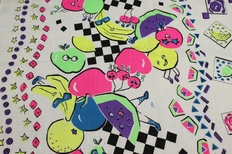 vintage 1980s NEON anthromorphic fruit printed fabric cotton cloth image 1