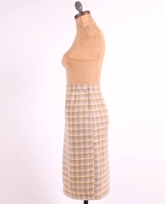 fitted plaid wool pencil skirt 1950s vintage tan … - image 3