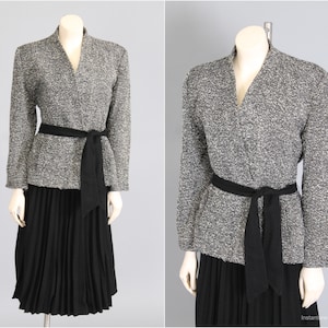 salt + pepper boucle wool skirt suit blazer jacket accordian pleat black + white vintage 1970s