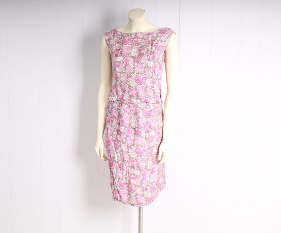 vintage 1950s dress set pink watercolor print blo… - image 2